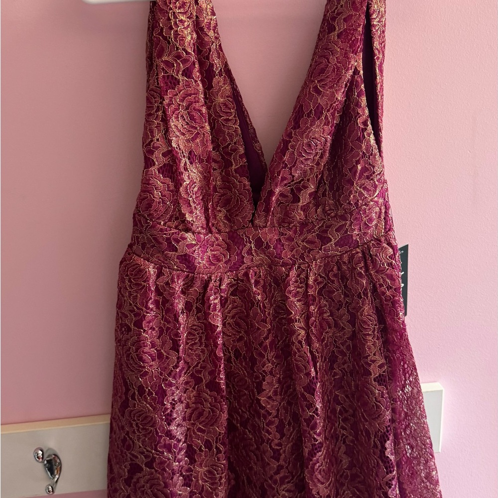 Lulu's Burgundy and Gold Lace V-Neck Dress